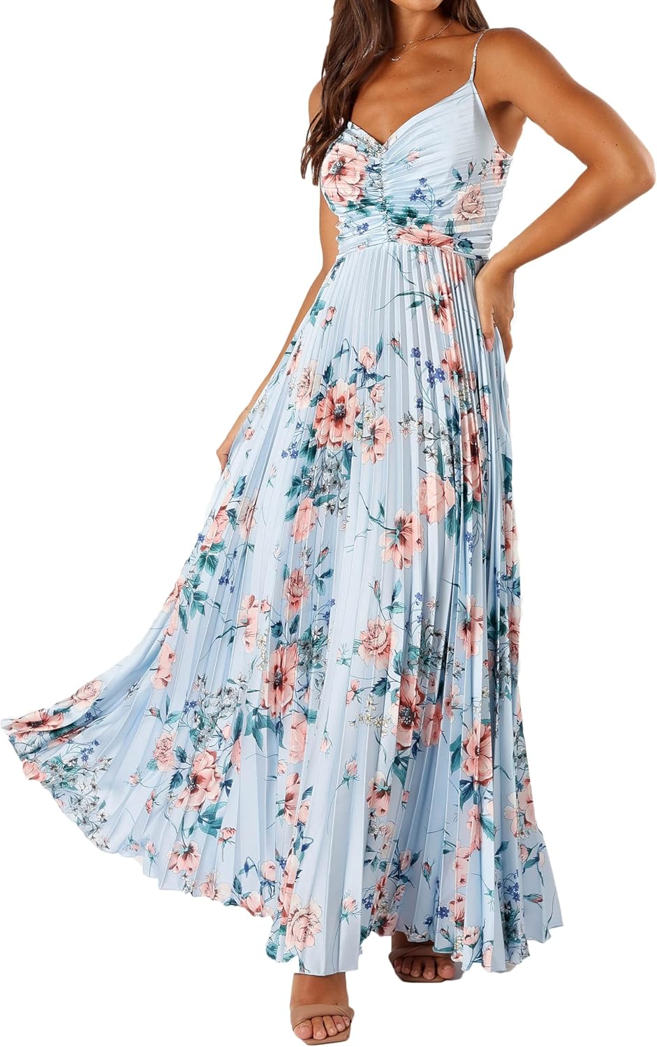 Women's Summer Pleated Dress with Floral Print and Straps