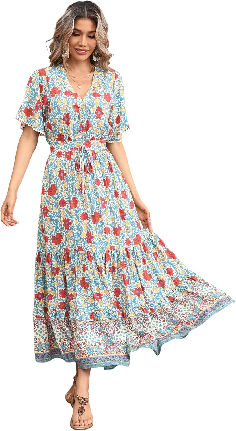 R.Vivimos Womens Summer Cotton V Neck Floral Midi Dress Review
