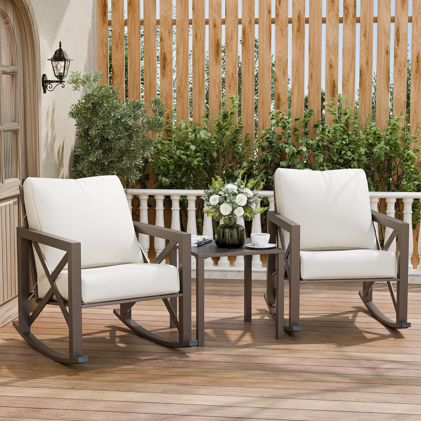 Rocking Bistro Set with 2 Rockers and Metal Coffee Table for Outdoors