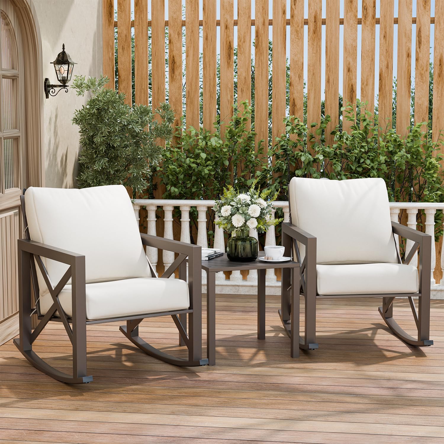 Rocking Bistro Set with 2 Rockers and Metal Coffee Table for Outdoors