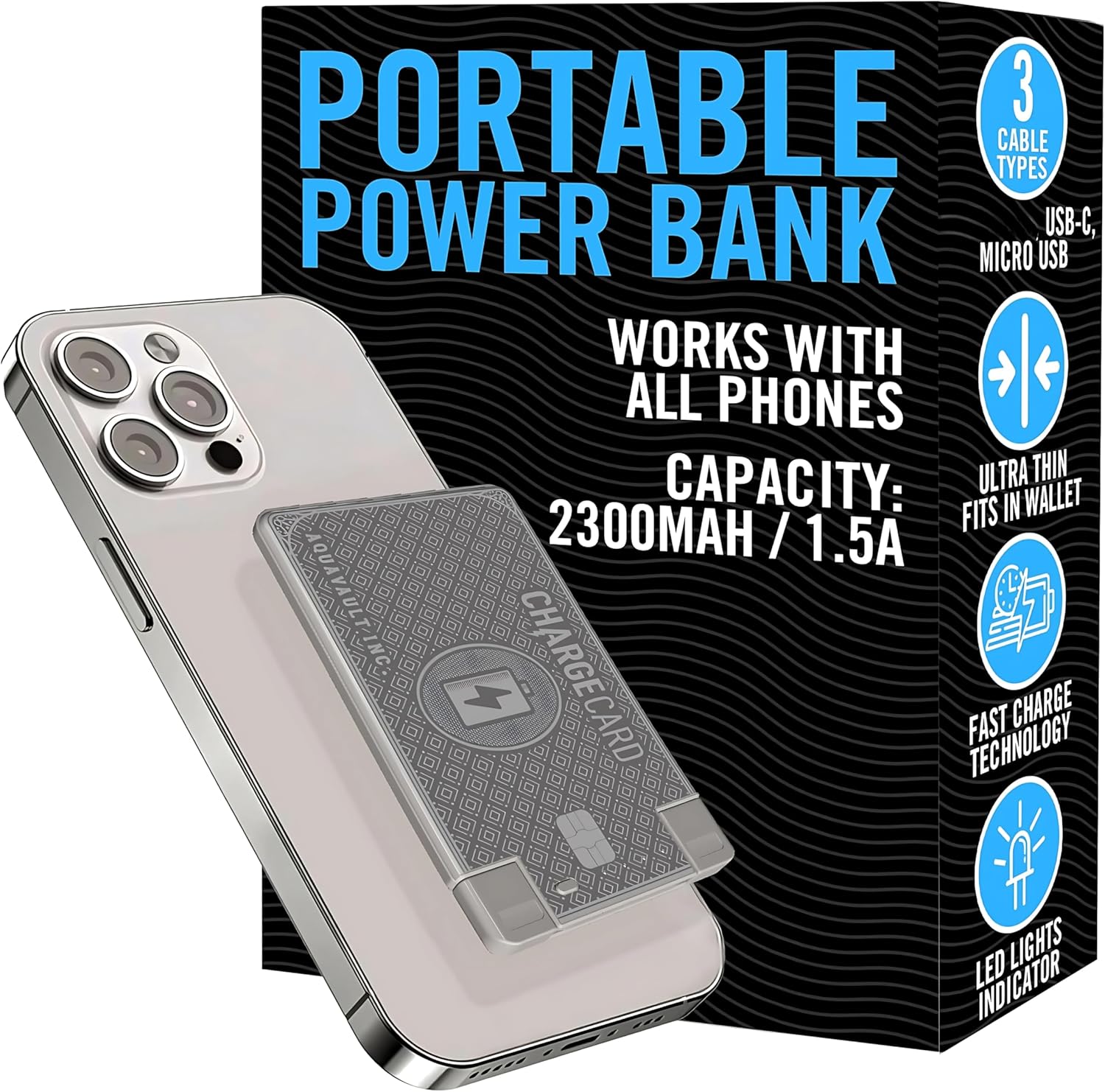 AquaVault ChargeCard Ultra Slim Emergency Power Bank for Travel