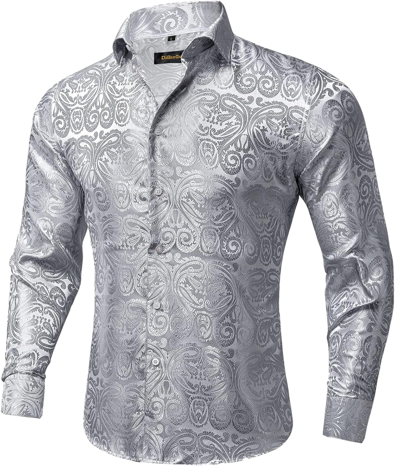 DiBanGu Mens Silk Paisley Dress Shirt for Weddings and Parties