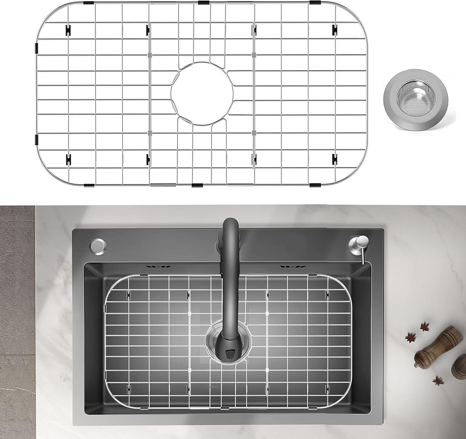 Stainless Steel Sink Protector 26x14 with Center Drain for Kitchen