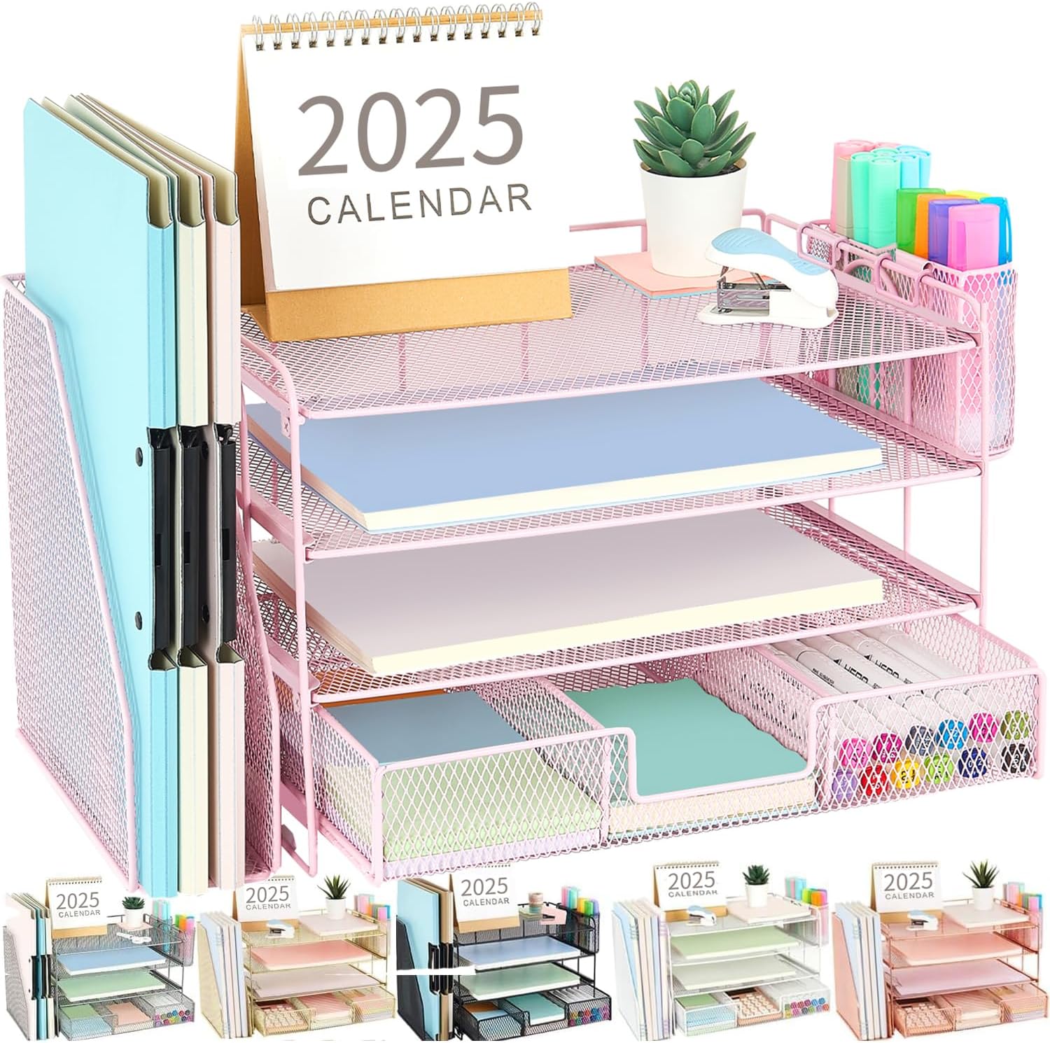 4 Tier Desk Organizer with File Holder & Drawer - Pink