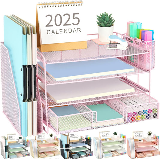 4 Tier Desk Organizer with File Holder & Drawer - Pink