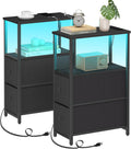 Small Narrow LED End Table with Charging Station, Set of 2 - Black
