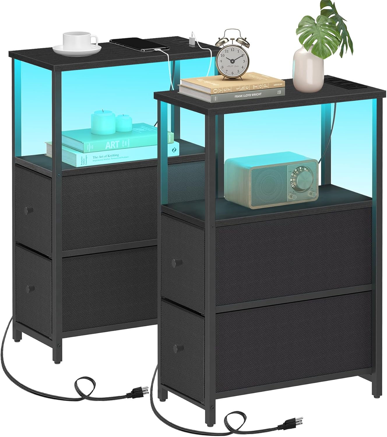 Small Narrow LED End Table with Charging Station and Drawers