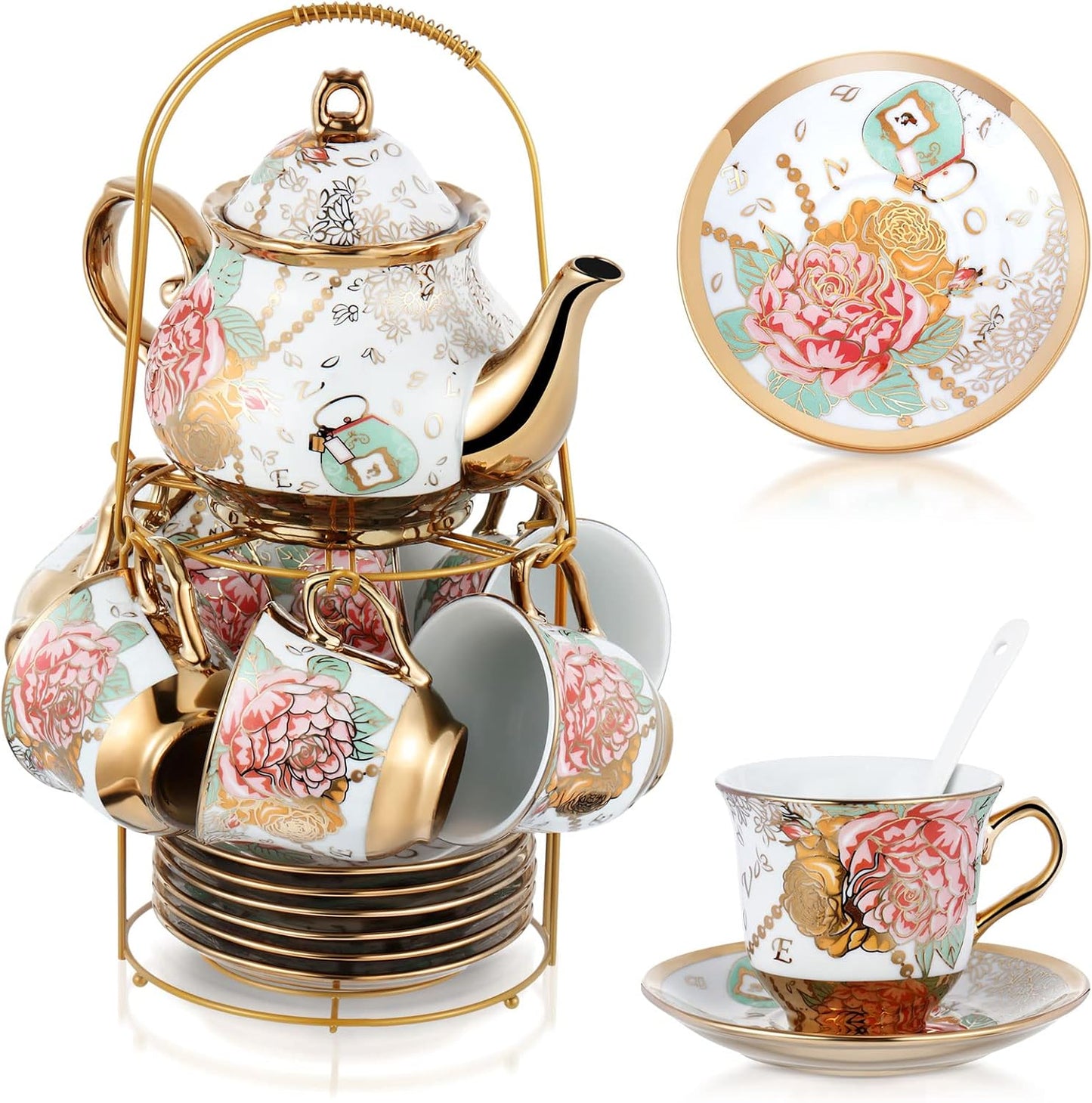 Zhehao 20 Pcs Porcelain Tea Set with Metal Holder and Spoon