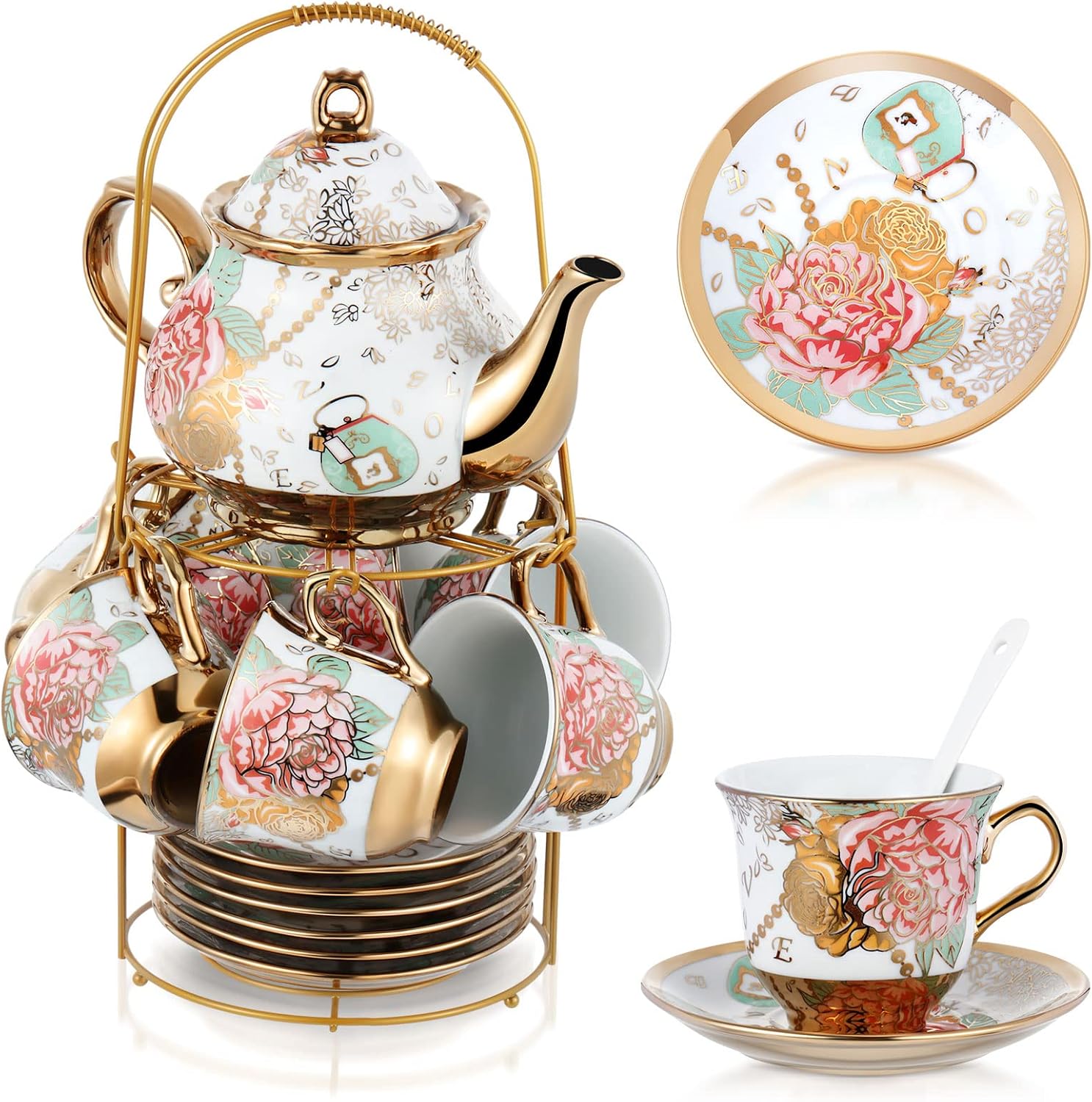 Zhehao 20 Pcs Porcelain Tea Set with Metal Holder and Spoon