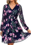 Simplee Womens Floral Mini Dress Long Sleeve Casual V Neck Chiffon