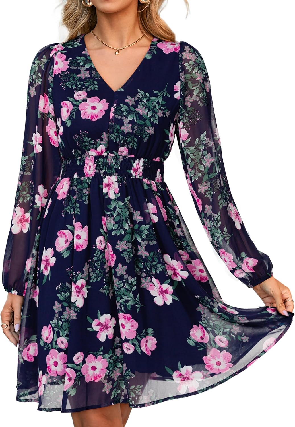 Simplee Womens Floral Mini Dress Long Sleeve Casual V Neck