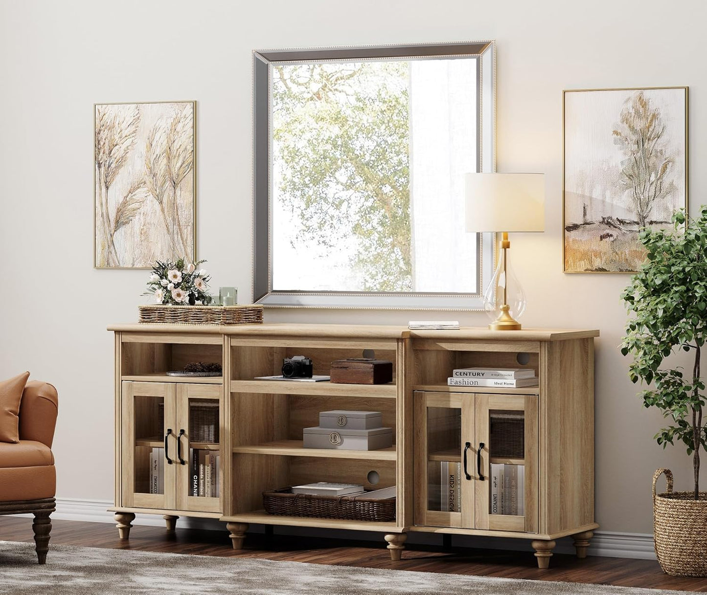 Oak Farmhouse TV Stand, 75'' TVs, 9 Cabinets