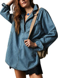 Fazortev Women's Denim Pullover Button V Neck Blouse - Casual Layer it