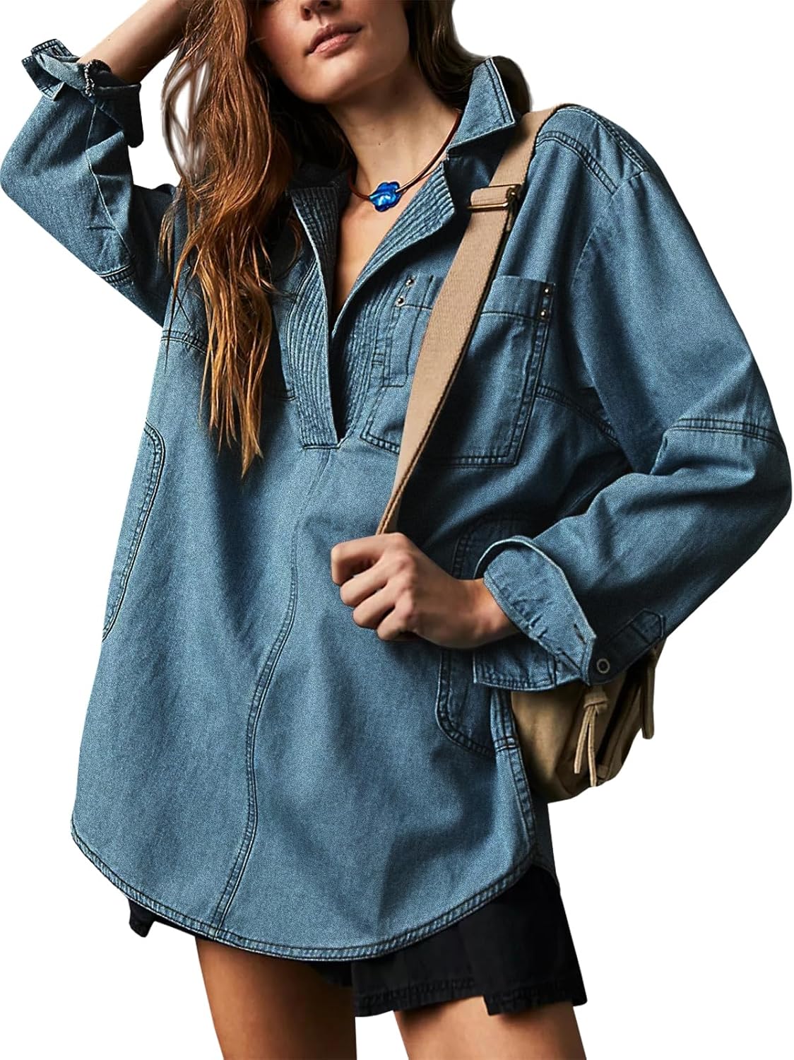 Fazortev Women's Denim Pullover Casual Button V Neck Blouse