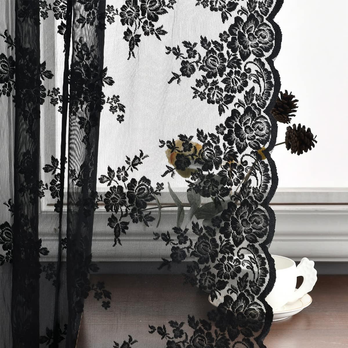 Kotile Long Black Lace Curtains - Spooky Chic Halloween Decor
