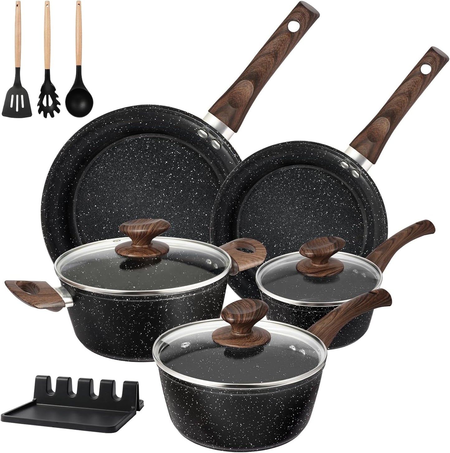 Non Stick Pots and Pans Set, 12pcs Black Ceramic Cookware