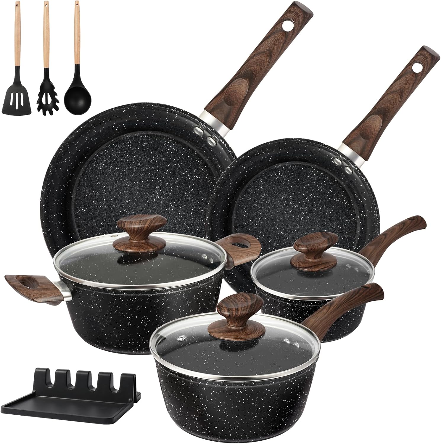 Non Stick Pots and Pans Set, 12pcs Black Ceramic Cookware