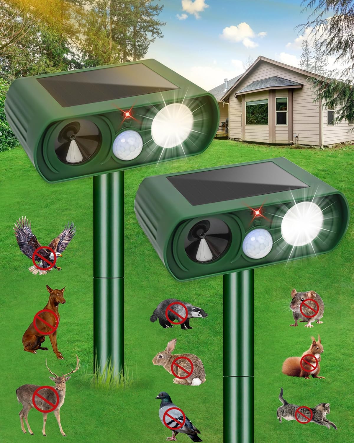 2PC Solar Powered Animal Repellent with Ultrasonic & Strobe Light