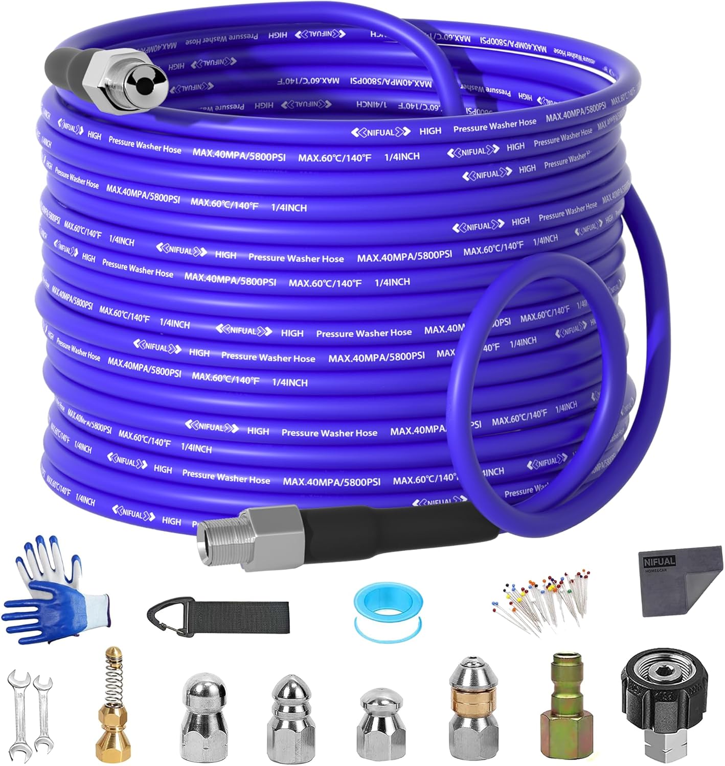 NIFUAL 50FT Sewer Jetter Kit for Pressure Washer with Nozzles