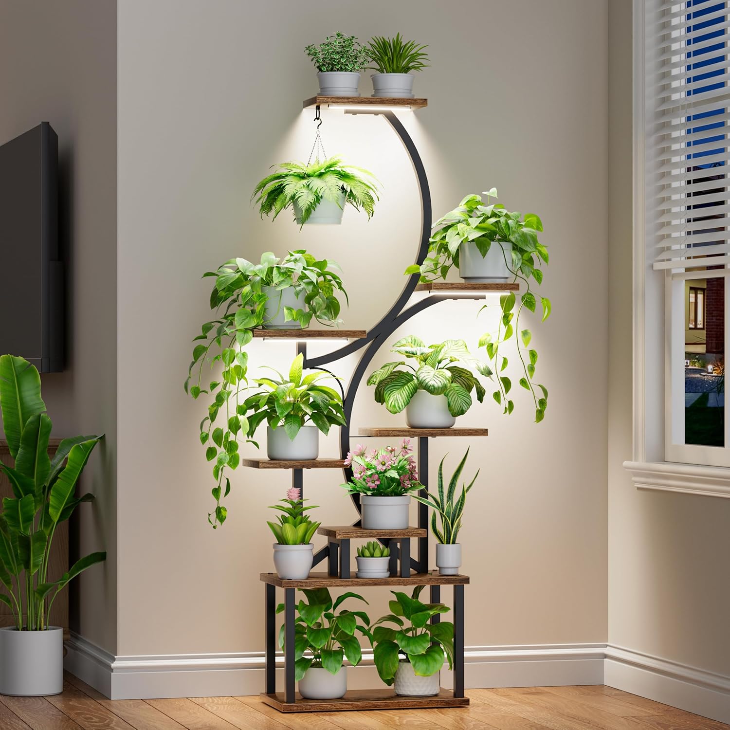 Indoor Plant Stand with Grow Lights - 62in Tall S-Shaped Shelf