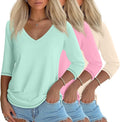 Ficerd 3 Pack Women's 3/4 Sleeve V Neck Tops - Comfortable Casual Tees