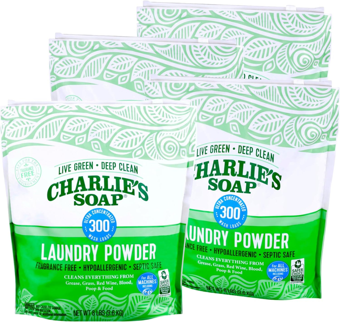 Charlie's Soap 8lb Fragrance-Free Eco-Friendly Detergent x4