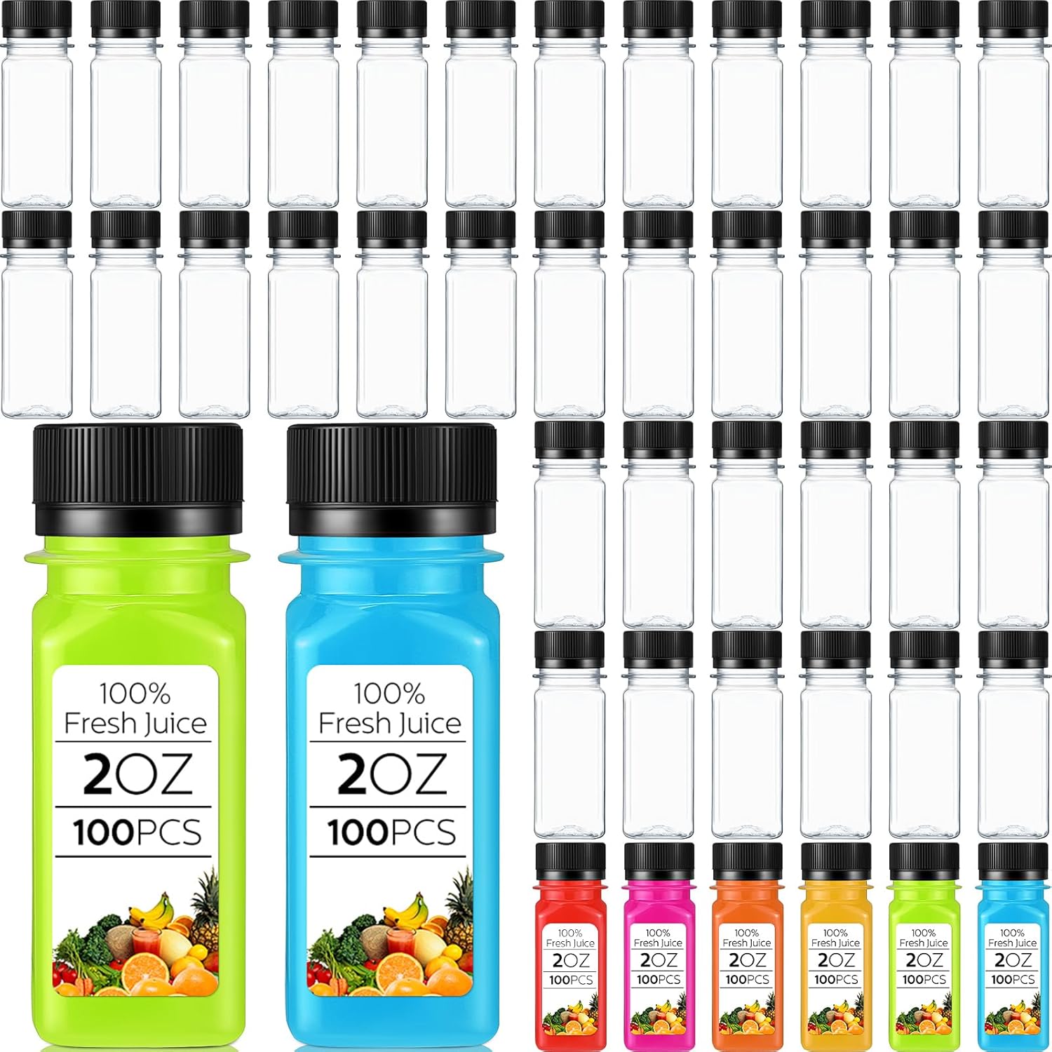 2oz Clear Plastic Juice Bottles for Liquids - 100 Pcs Set