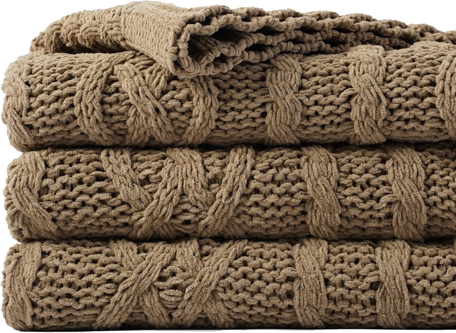 Battilo Camel Tan Throw Blanket - Cozy Chenille Knitted Comfort