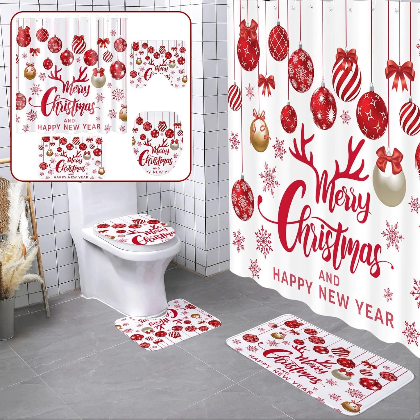 Red Gold Christmas Shower Set for Festive Bath Decor