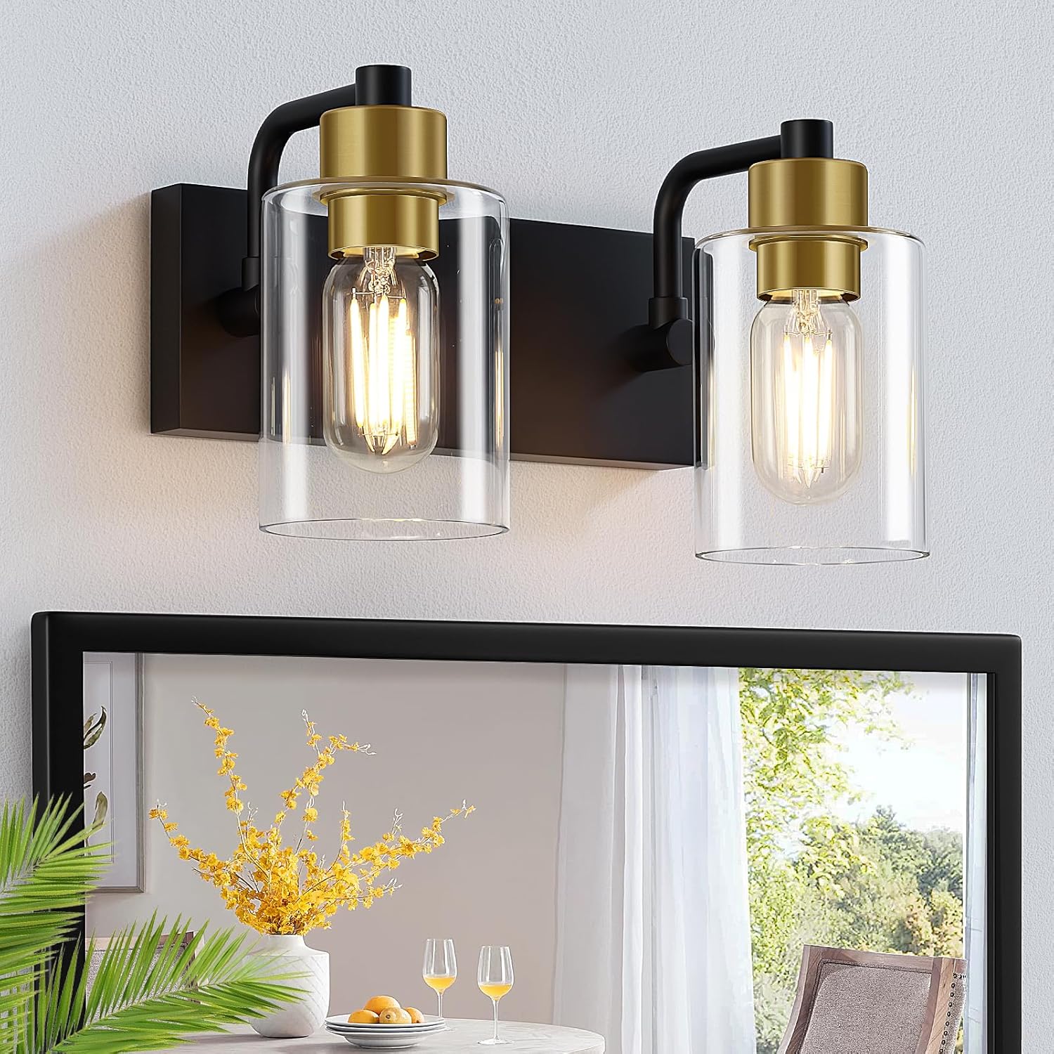 Matte Black and Gold 2-Light Bathroom Light Fixtures for Modern Decor