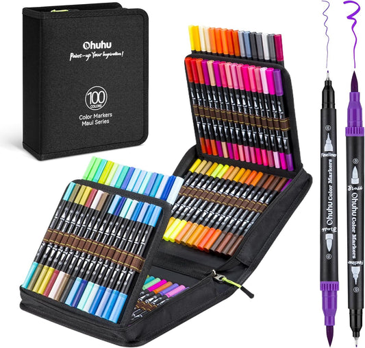 Ohuhu Markers for Adult Coloring Books: 100 Colors Brush Pens