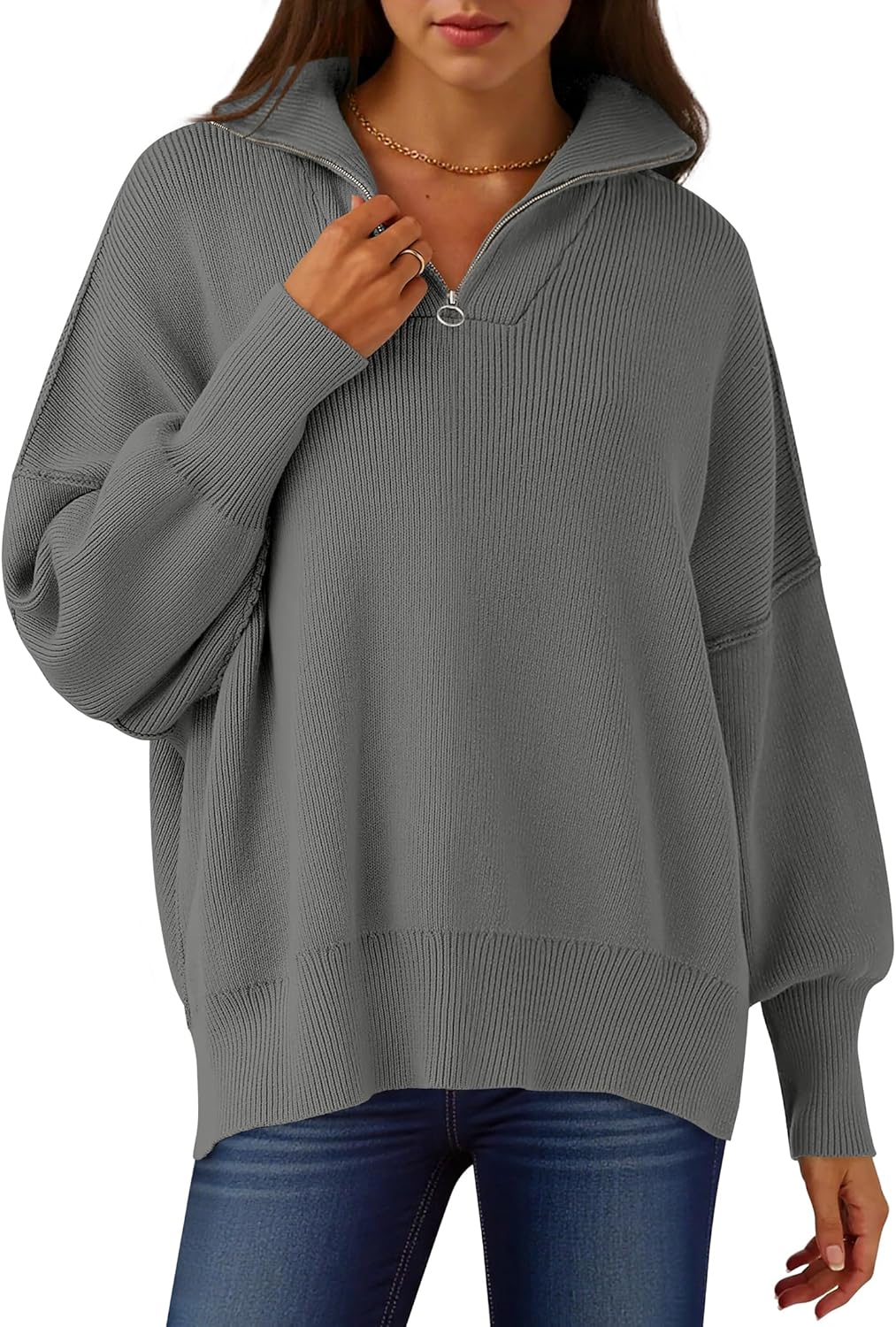 Oversized Fashion Long Sleeve Quarter Zip Sweater for Women