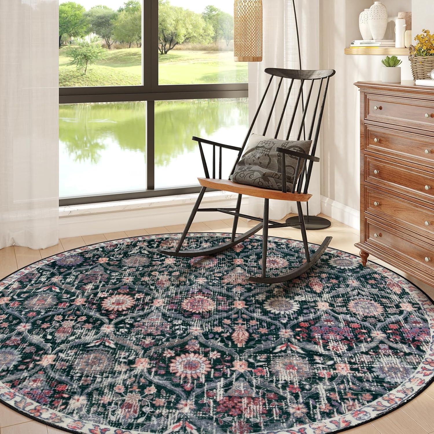 Lahome Moroccan Trellis Washable Round Area Rug for Home