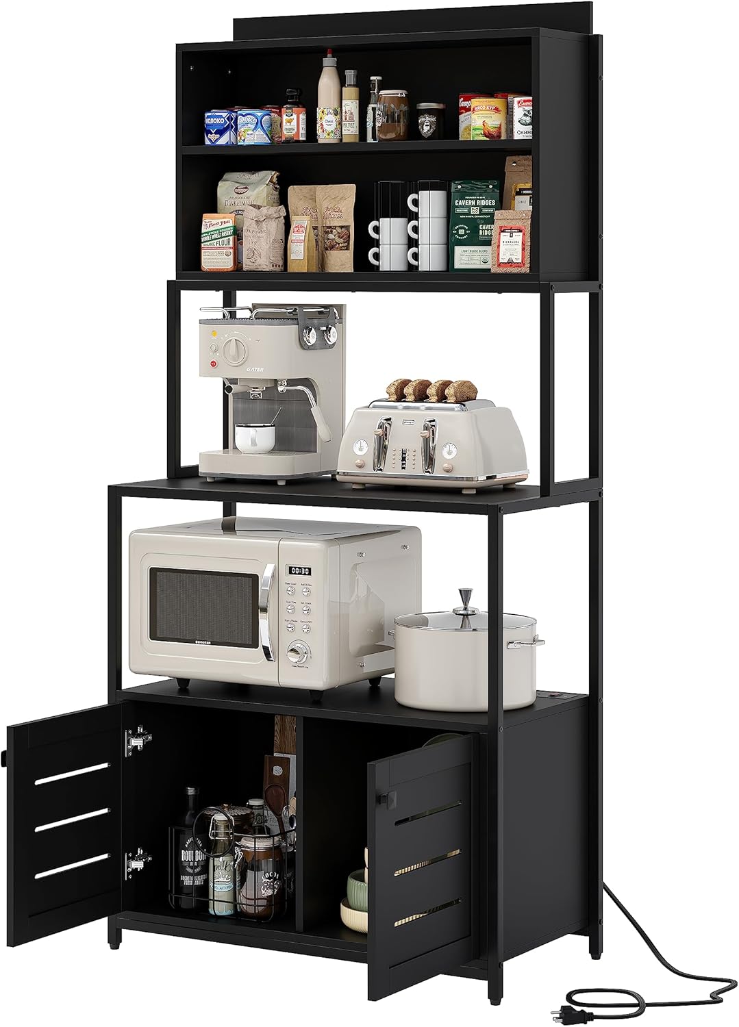 Industrial Kitchen Rack with Power Outlet, 5 Shelves, Cabinet, Black