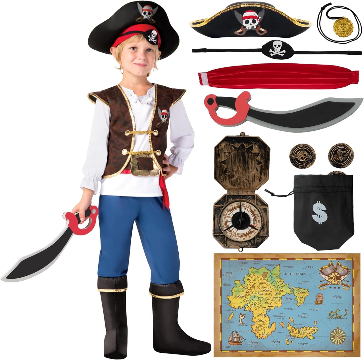 Kids Pirate Costume Set for Halloween Dress Up and Parties