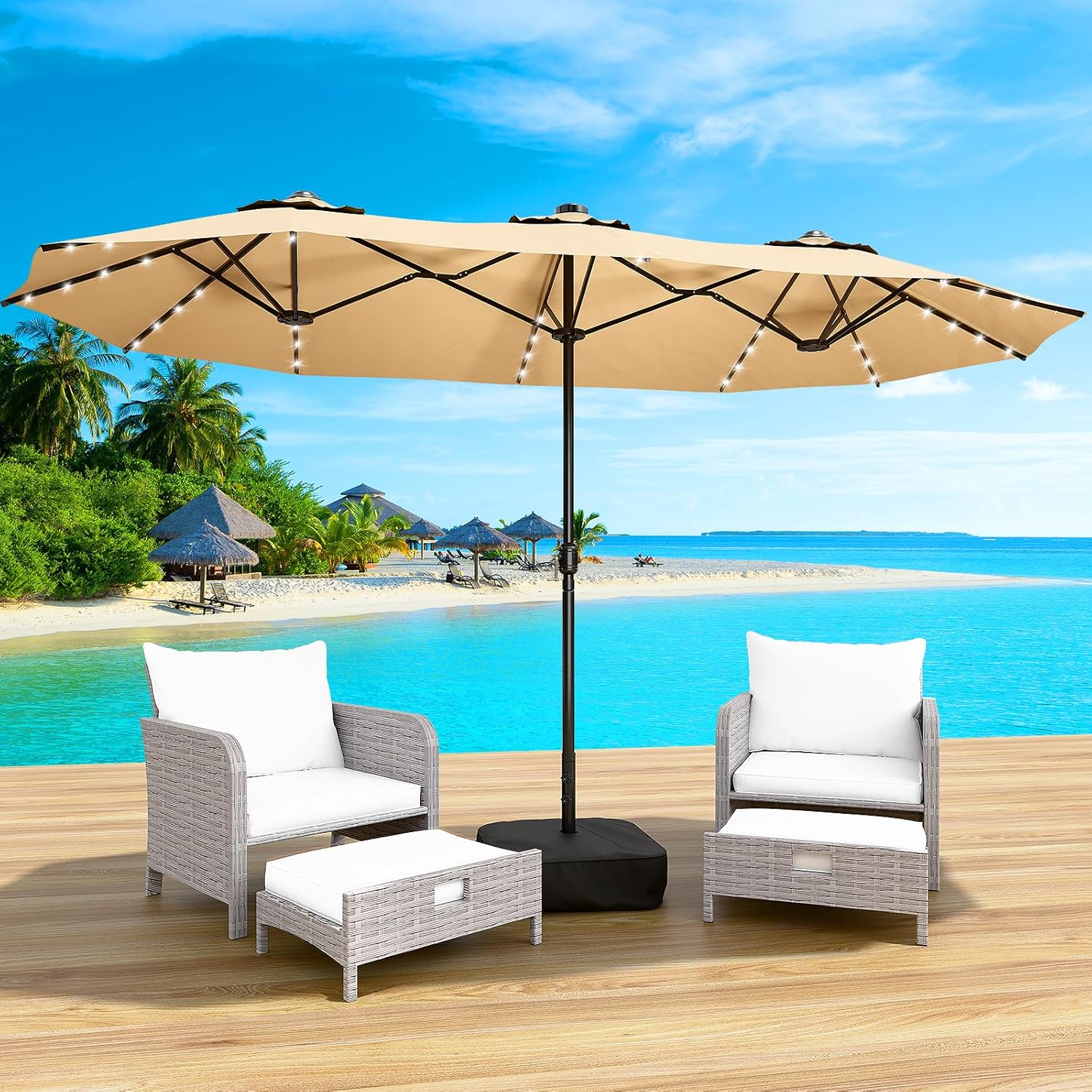 15FT Large Patio Umbrella with Base & Solar LED Lights - Kahaki