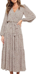 PRETTYGARDEN Long Sleeve Wrap Ruffle Floral Maxi Dress - Flowy Boho is