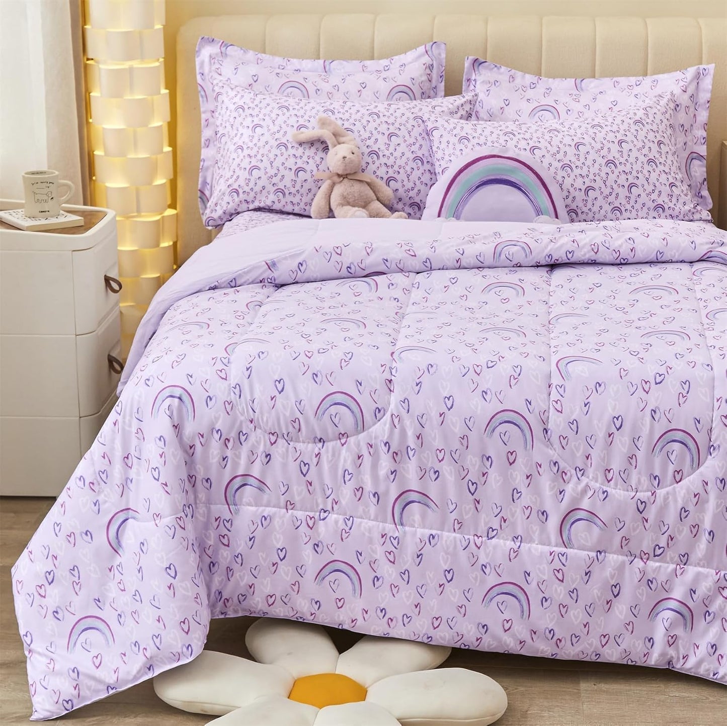 Mooreeke Twin Size Comforter Set for Girls with Rainbow Design