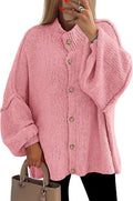 Women's Mock Neck Lantern Sleeve Chunky Knit Cardigan - Oversized Fit