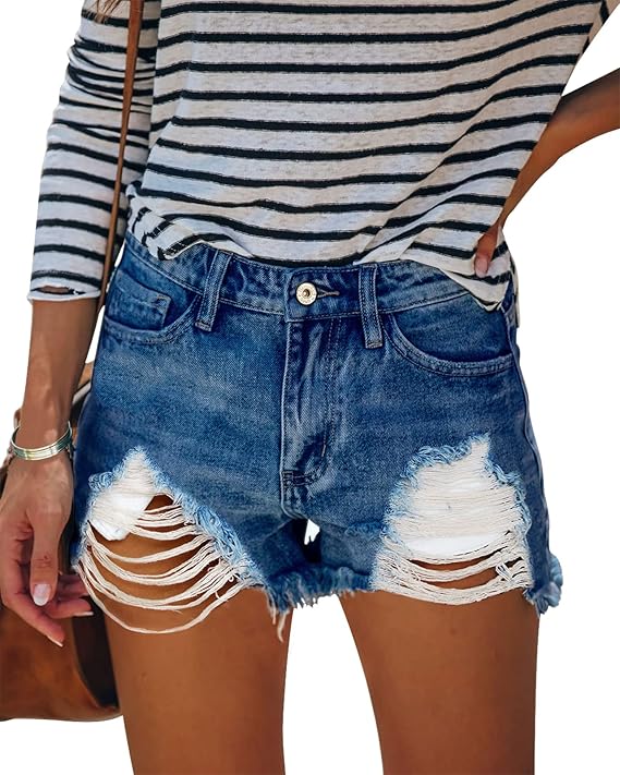 HOCAIES Women's High Waisted Jean Shorts with Frayed Hem Style