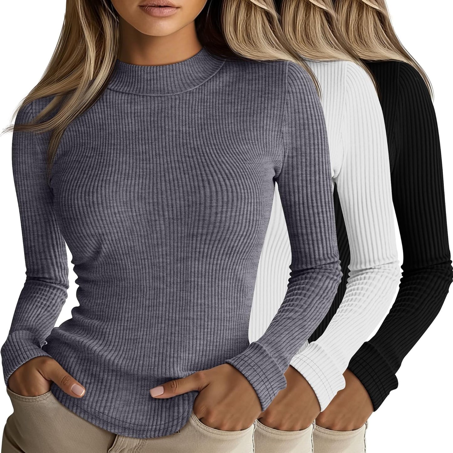 Riyiper Women's Ribbed Mock Turtleneck Long Sleeve Tops