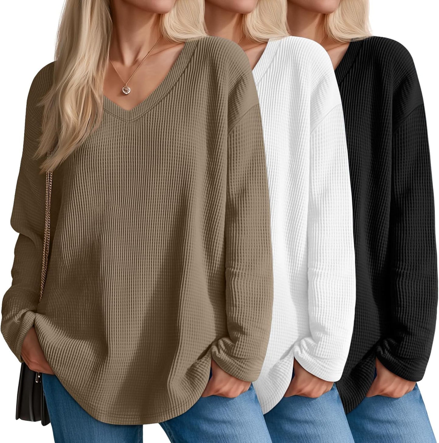 3 Pack Women's Oversized Waffle Knit Shirts for Casual Style
