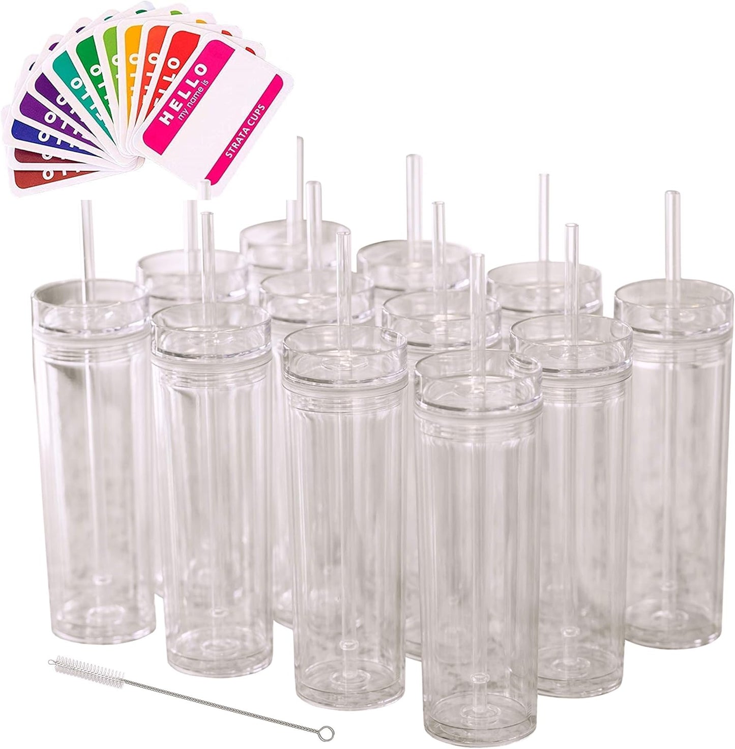 Strata Cups 24 Clear Skinny Tumblers with Lids and Straws