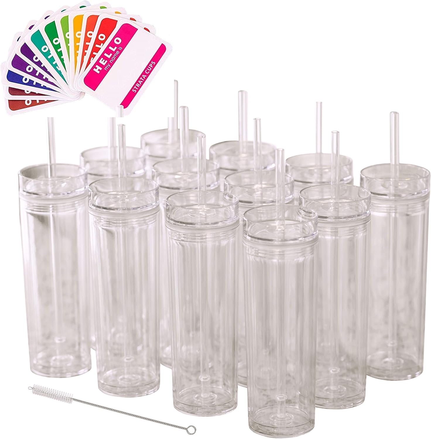 Strata Cups 24 Clear Skinny Tumblers with Lids and Straws