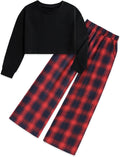 Girls Solid Long Sleeve Top & Plaid Wide Leg Pants Set - Back