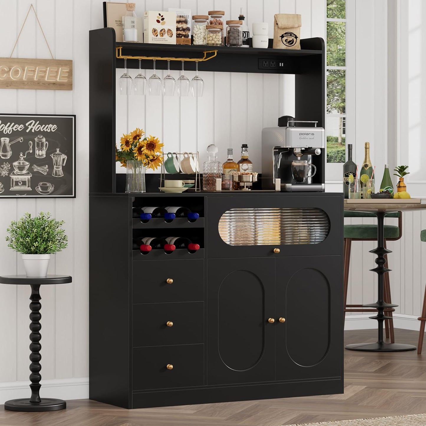 Black Kitchen Pantry Cabinet: Storage, Power Outlets, Wine Racks
