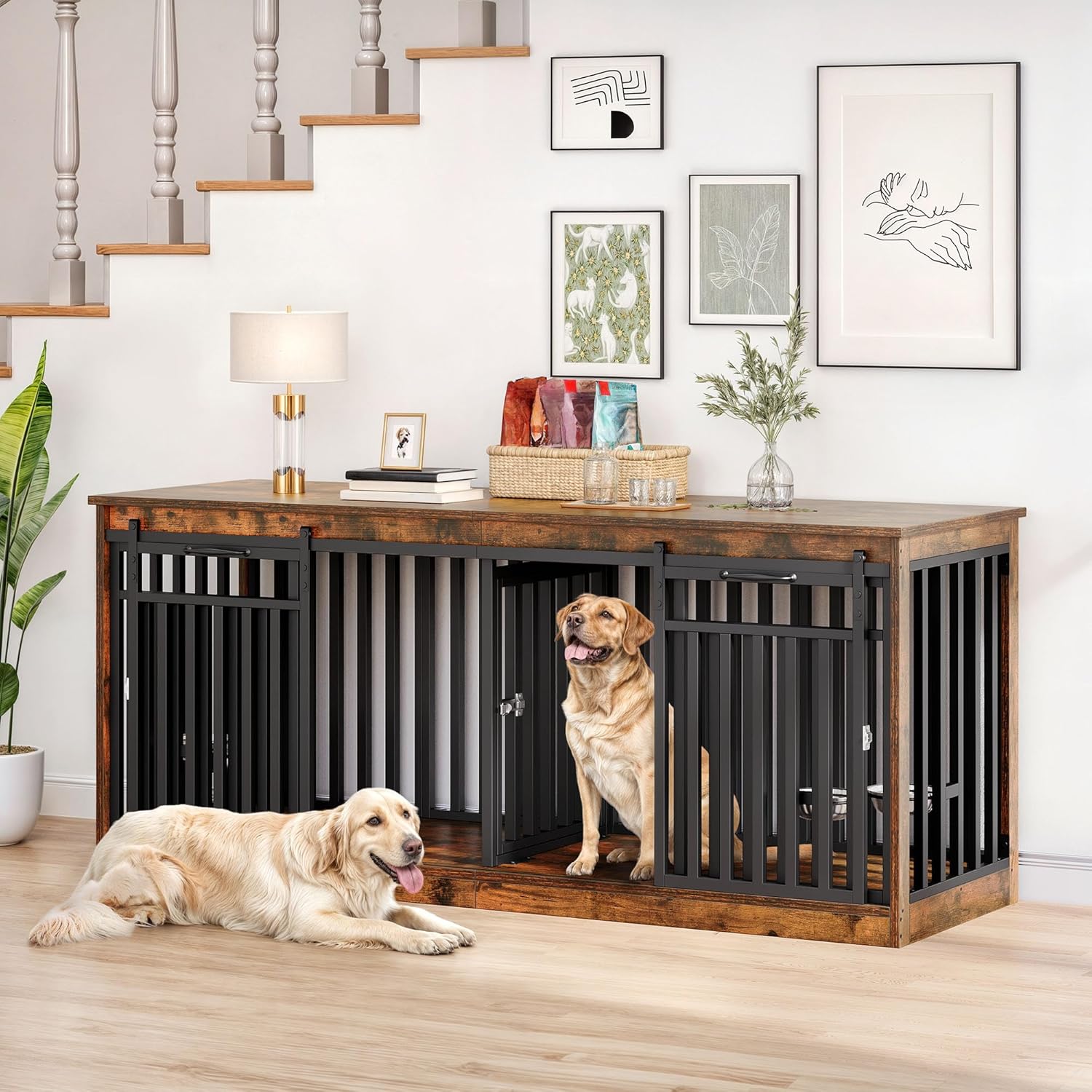 71in Double Dog Crate Furniture for Medium Dogs and TV Stand