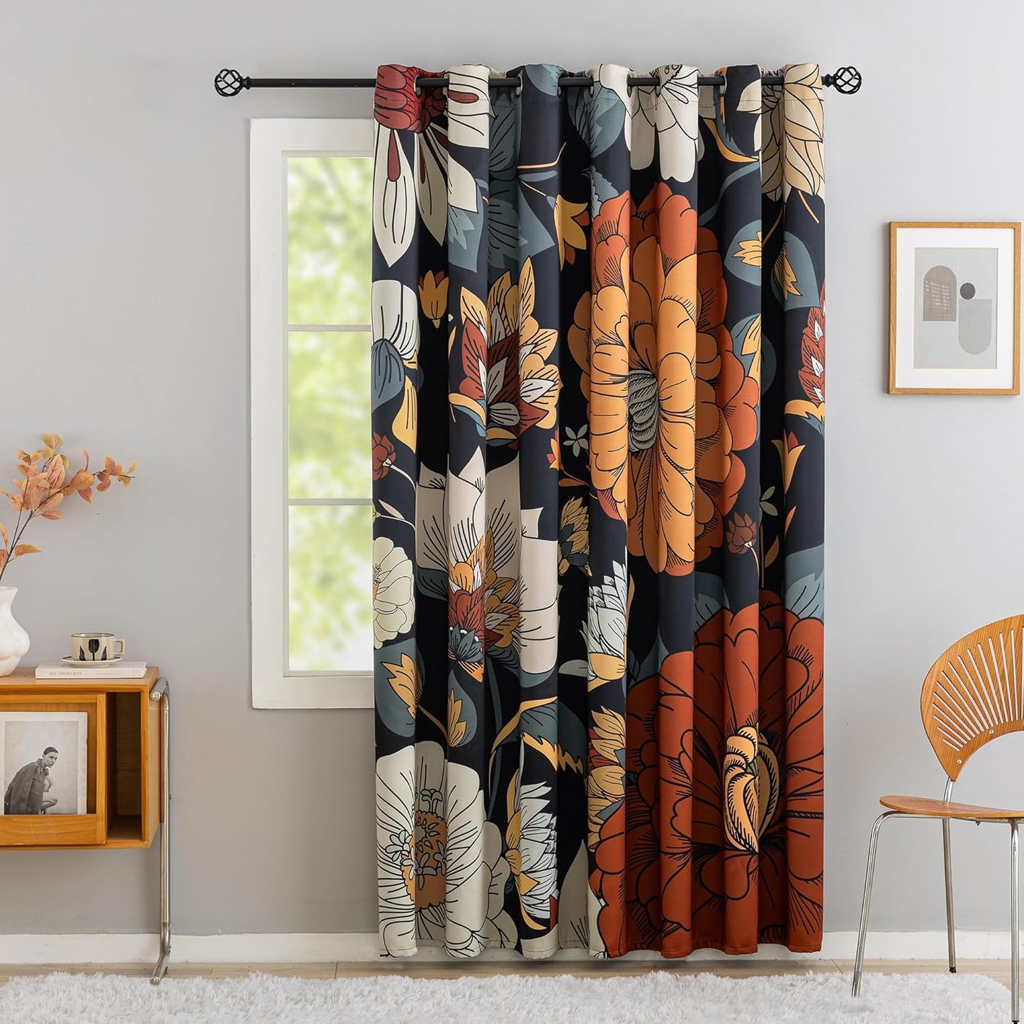 Black Boho Floral Blackout Curtains for Sliding Glass Doors