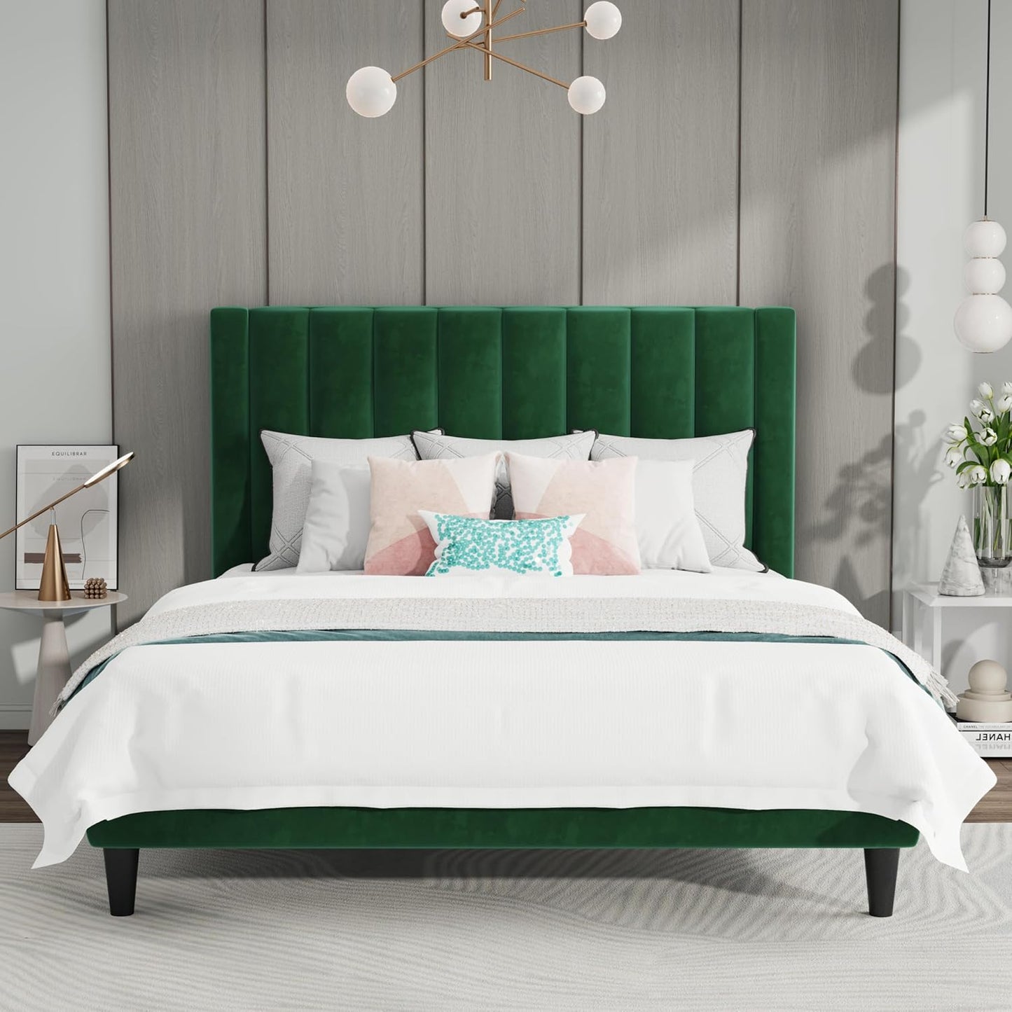 SHA CERLIN Queen Bed Frame with Velvet Upholstered Design