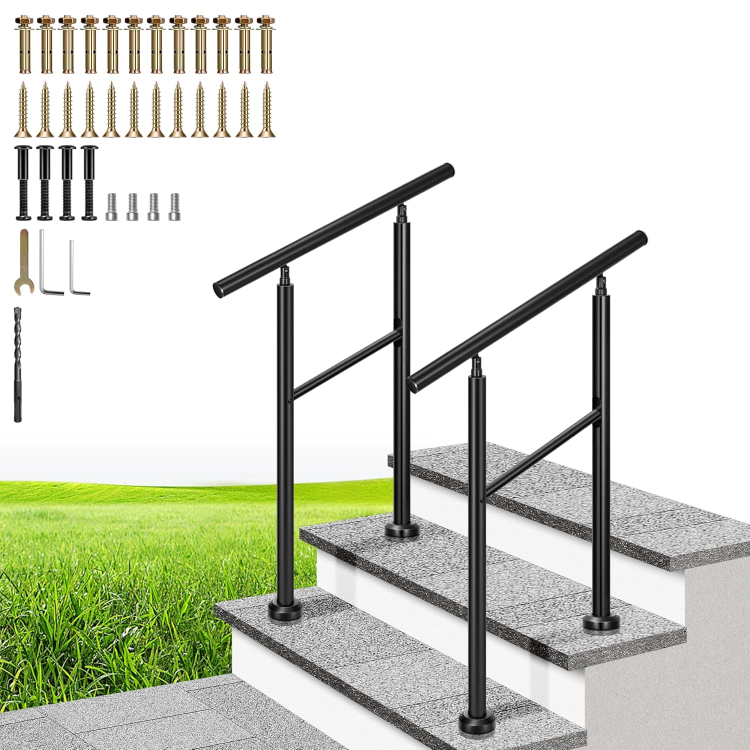 VIVOHOME 2-Pack 2 Step Hand Rails for Outdoor Steps, Black